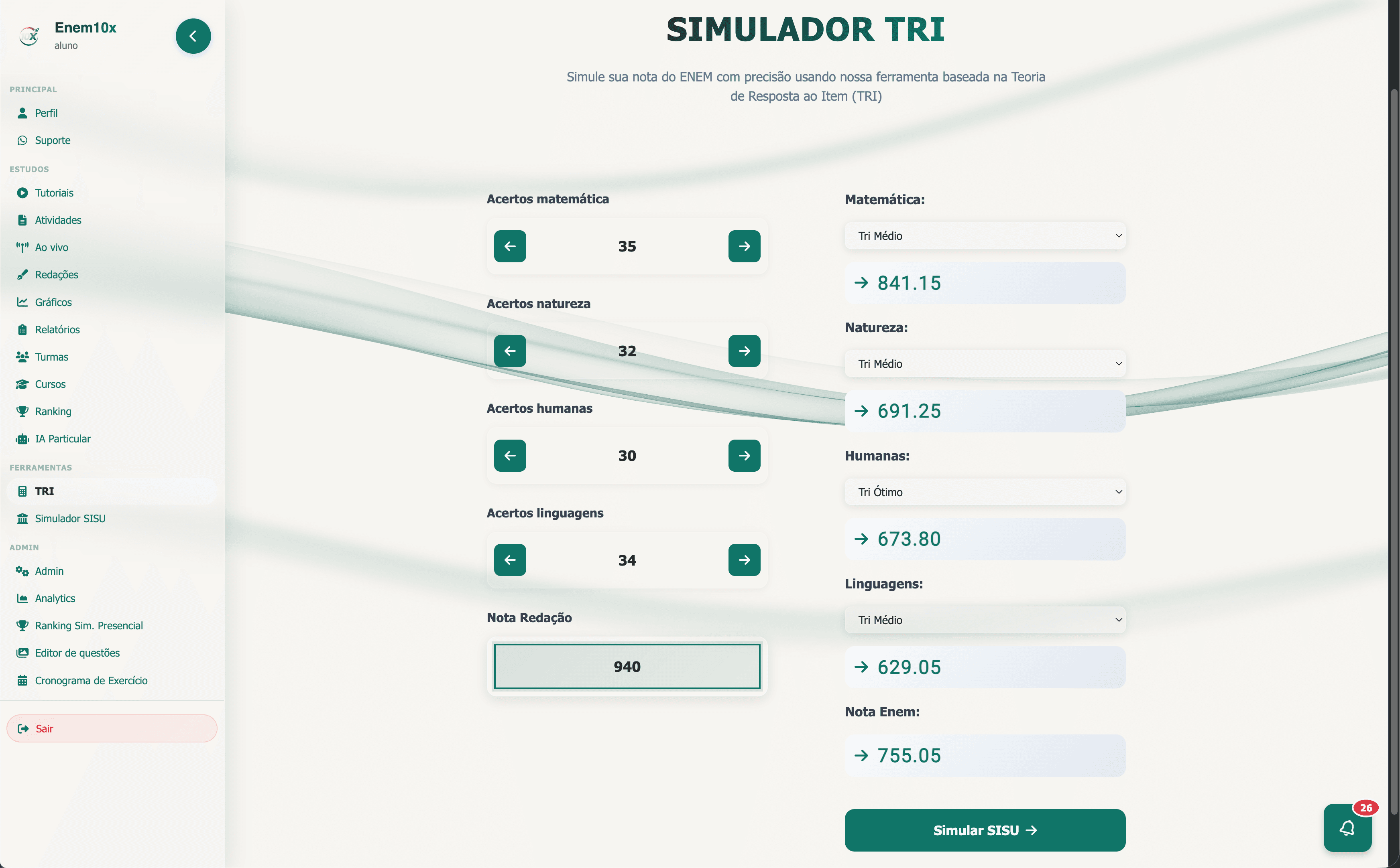 Calculadora TRI na plataforma Enem10x