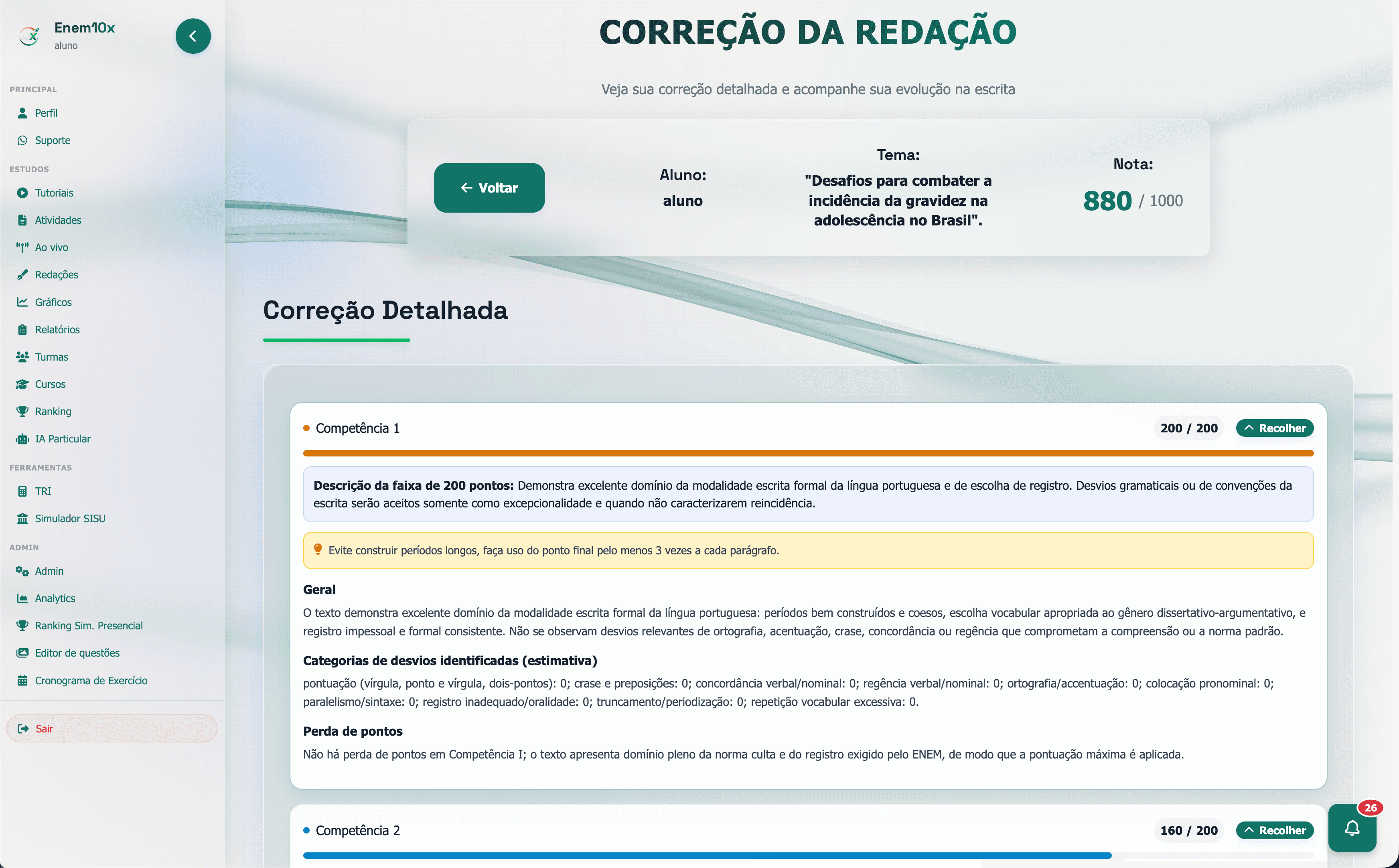 Correção de redação com IA na plataforma Enem10x