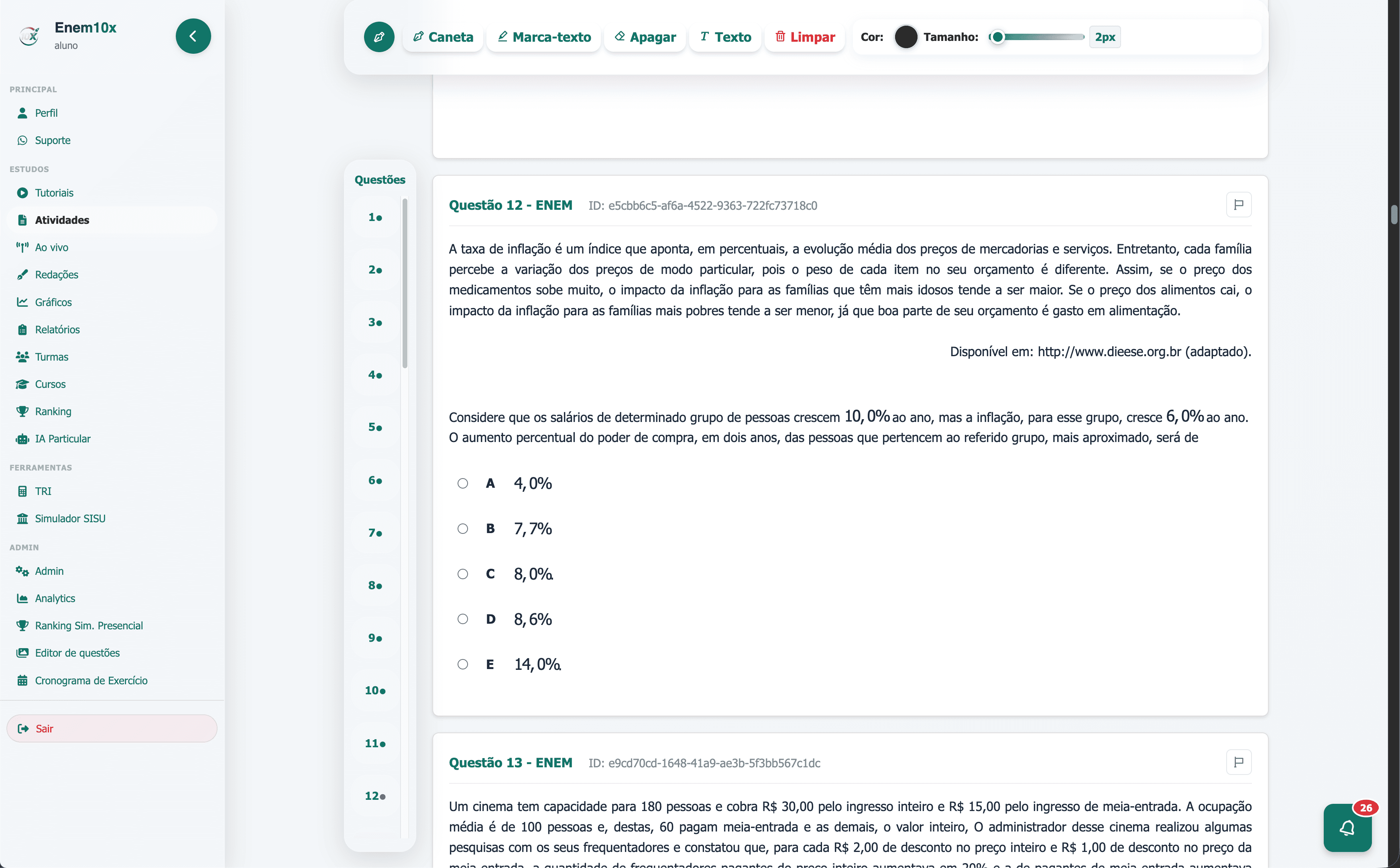 Simulados completos na plataforma Enem10x